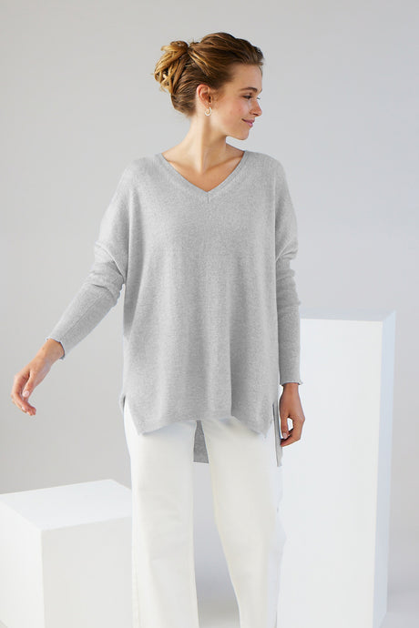 V-Neck Boyfriend Sweater, Foggy | Mia Fratino