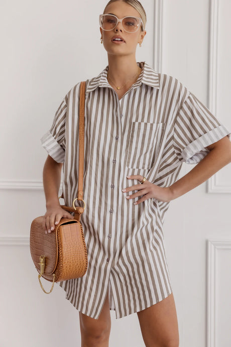 APEX Dress Taupe Stripe | A L E X A N D R A