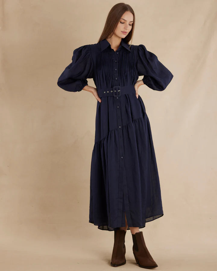 Poeta Ramie Pintuck Belted Dress | Amelius – Ted & Olive Boutique