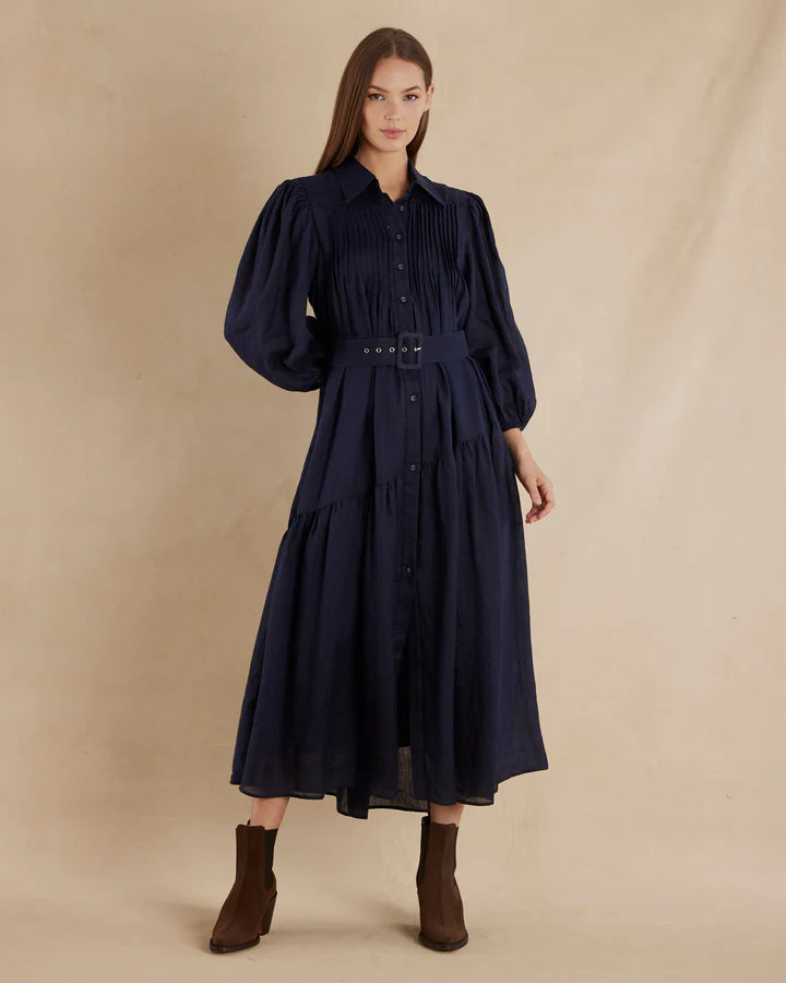 Poeta Ramie Pintuck Belted Dress | Amelius – Ted & Olive Boutique