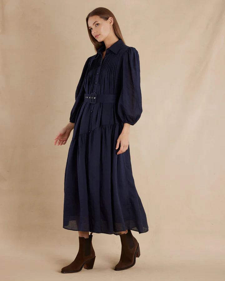 Poeta Ramie Pintuck Belted Dress | Amelius – Ted & Olive Boutique