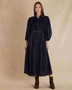 Poeta Ramie Pintuck Belted Dress | Amelius