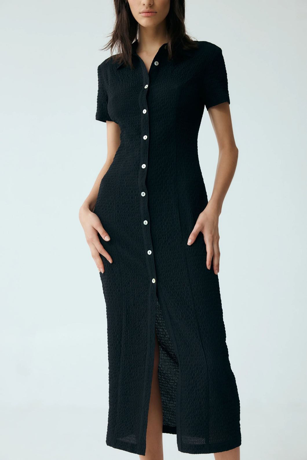 Waffle Midi Shirt Dress/Black/Third Form